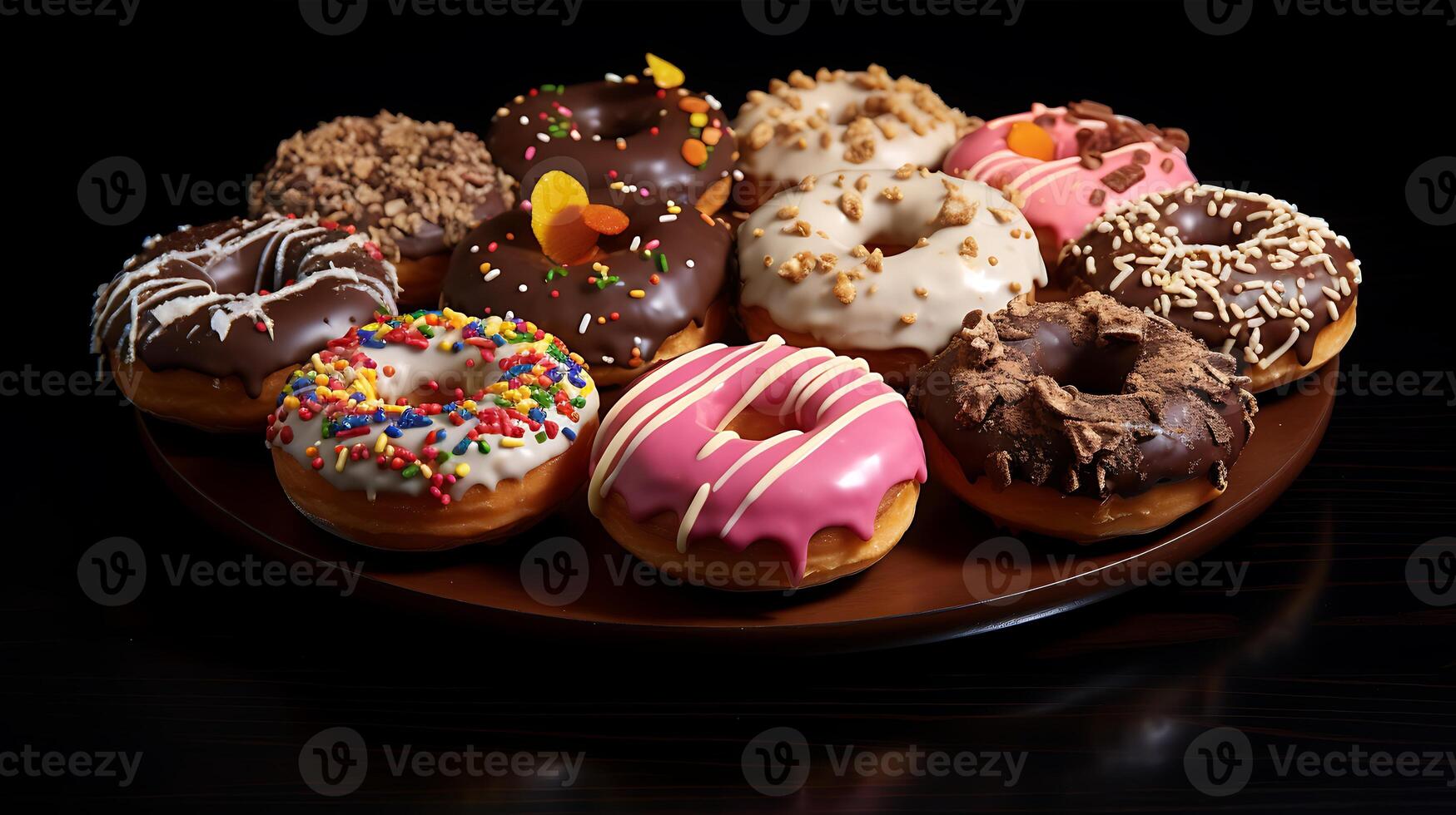AI generated Assorted donuts with chocolate frosted, Assorted sweet donuts photo