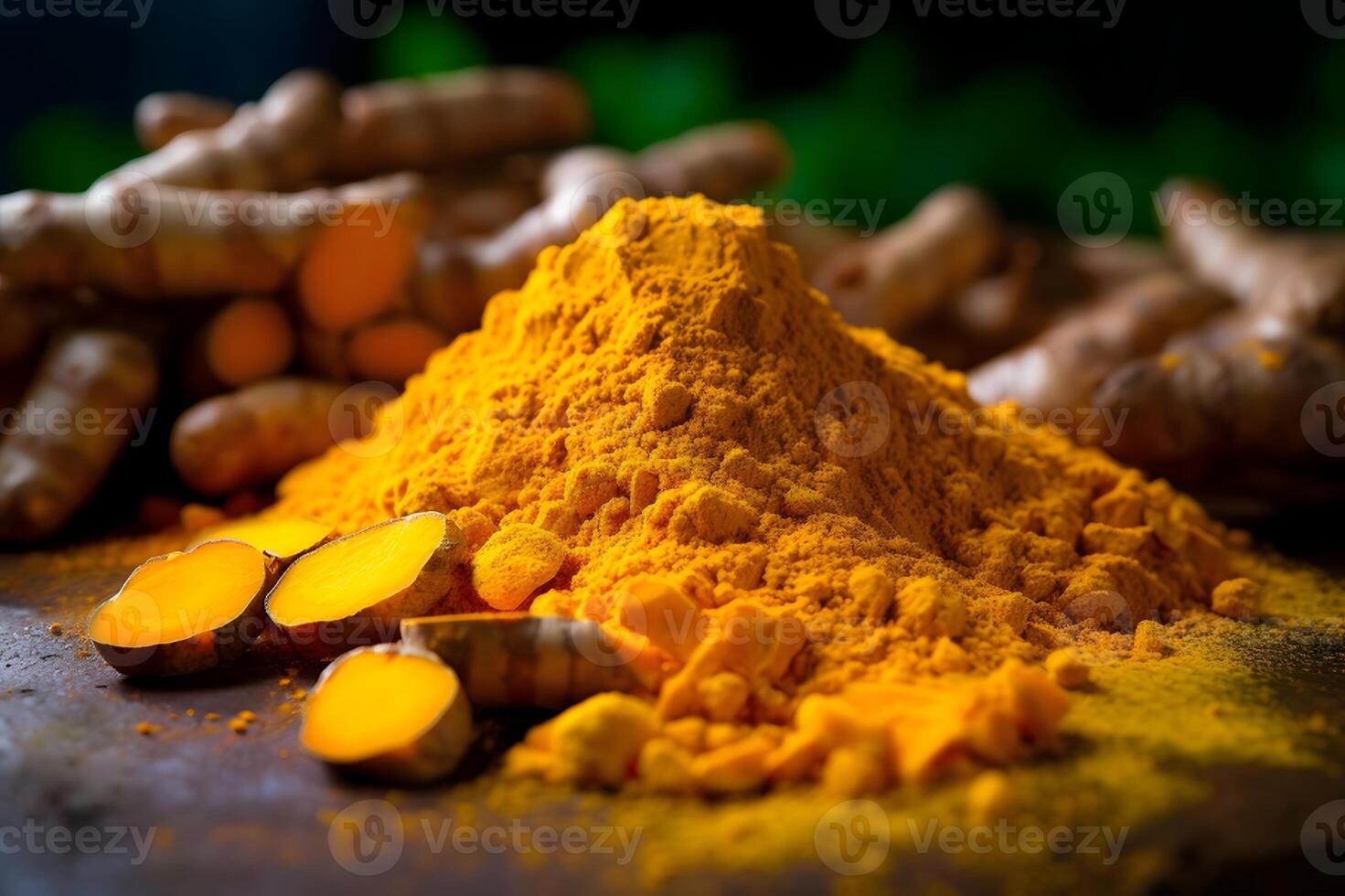 AI generated Turmeric powder and fresh turmeric roots on wooden table photo