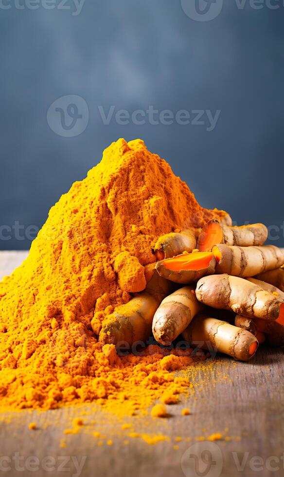 AI generated Turmeric powder and fresh turmeric roots on wooden table photo