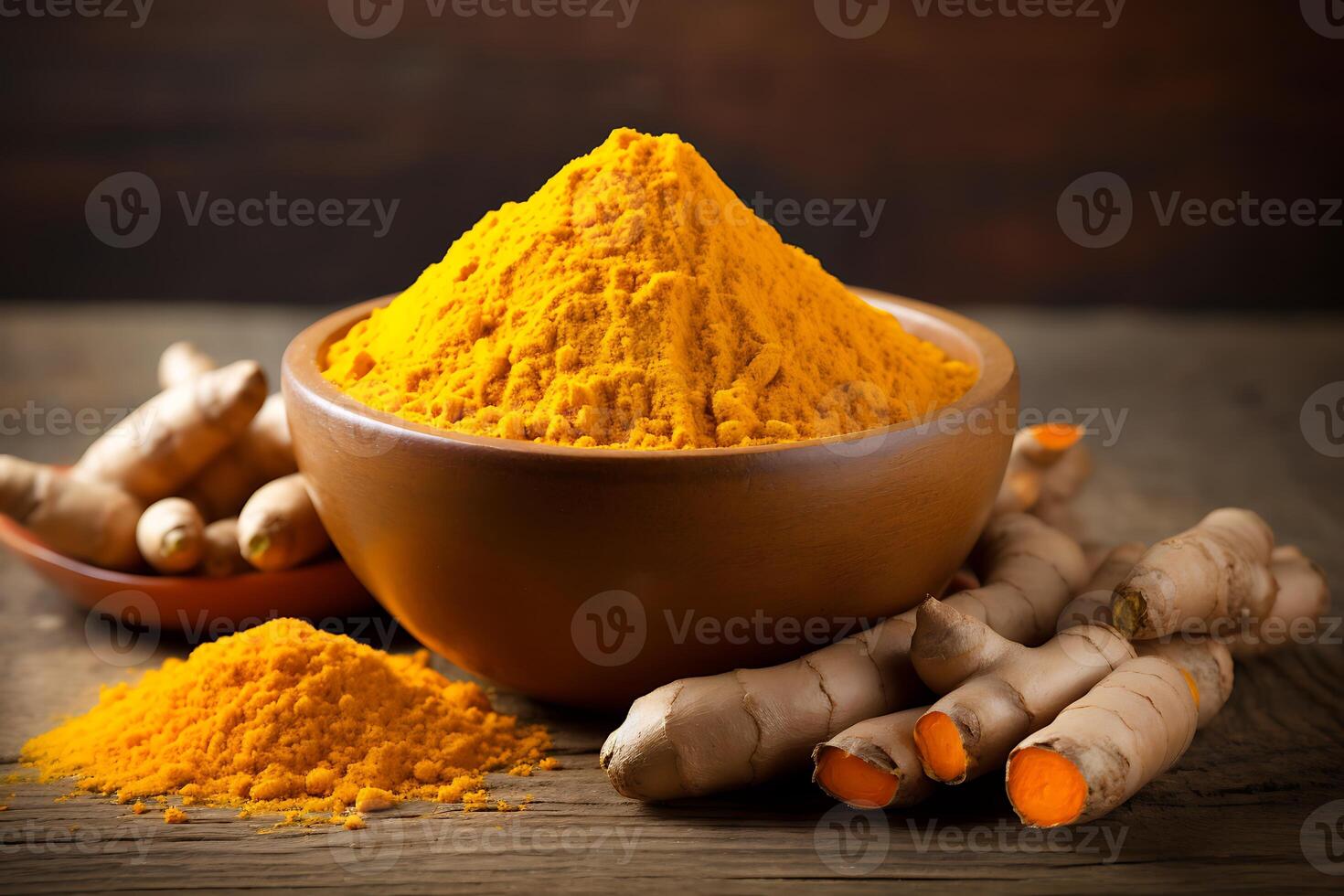 AI generated Turmeric powder in a bowl and fresh turmeric roots on wooden table photo