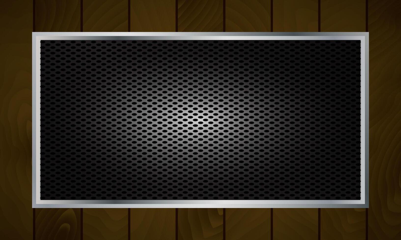 metal plate on a wooden surface. black blank board. copy space. stainless steel background. vector