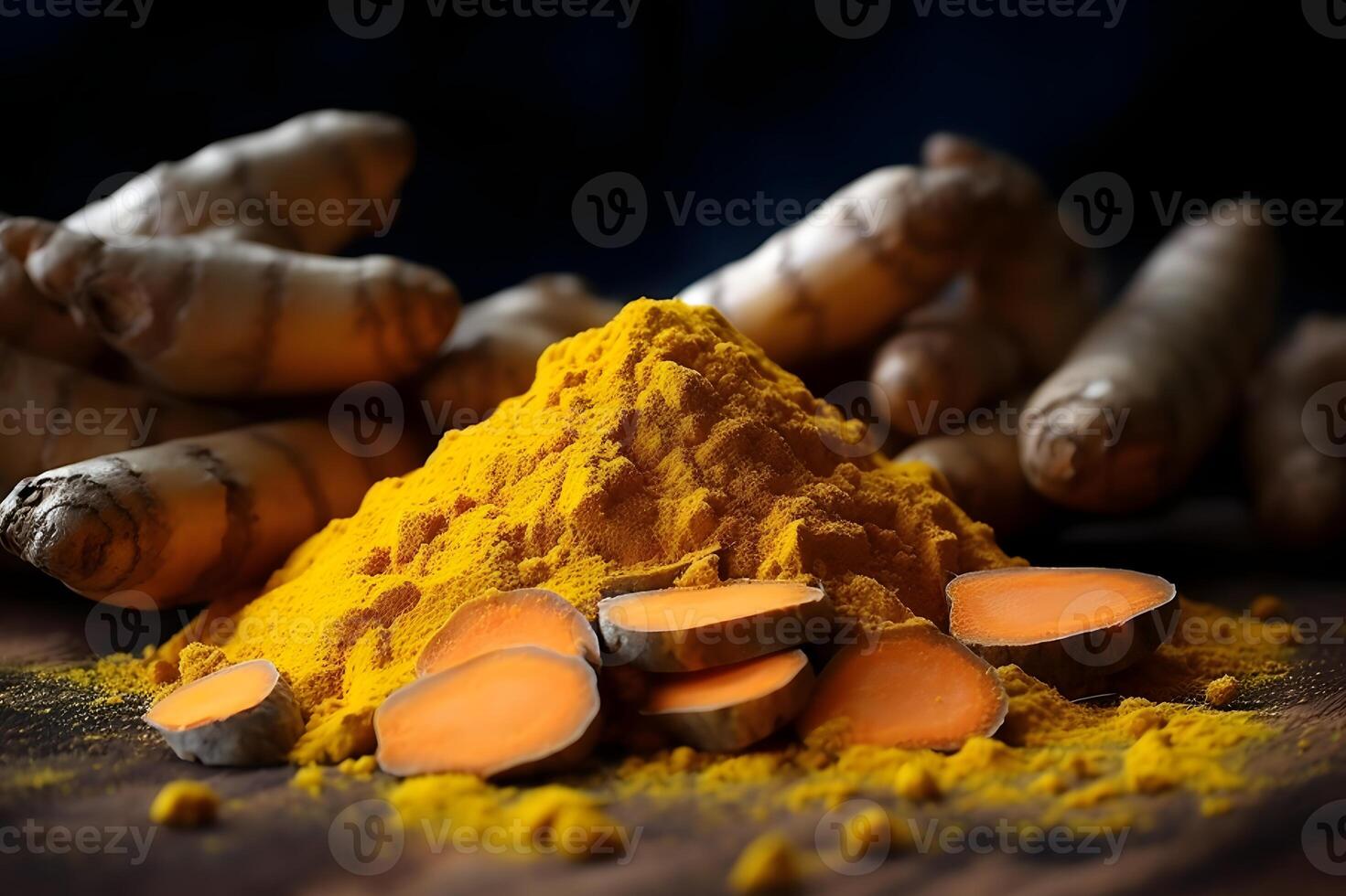 AI generated Turmeric powder and fresh turmeric roots on wooden table photo