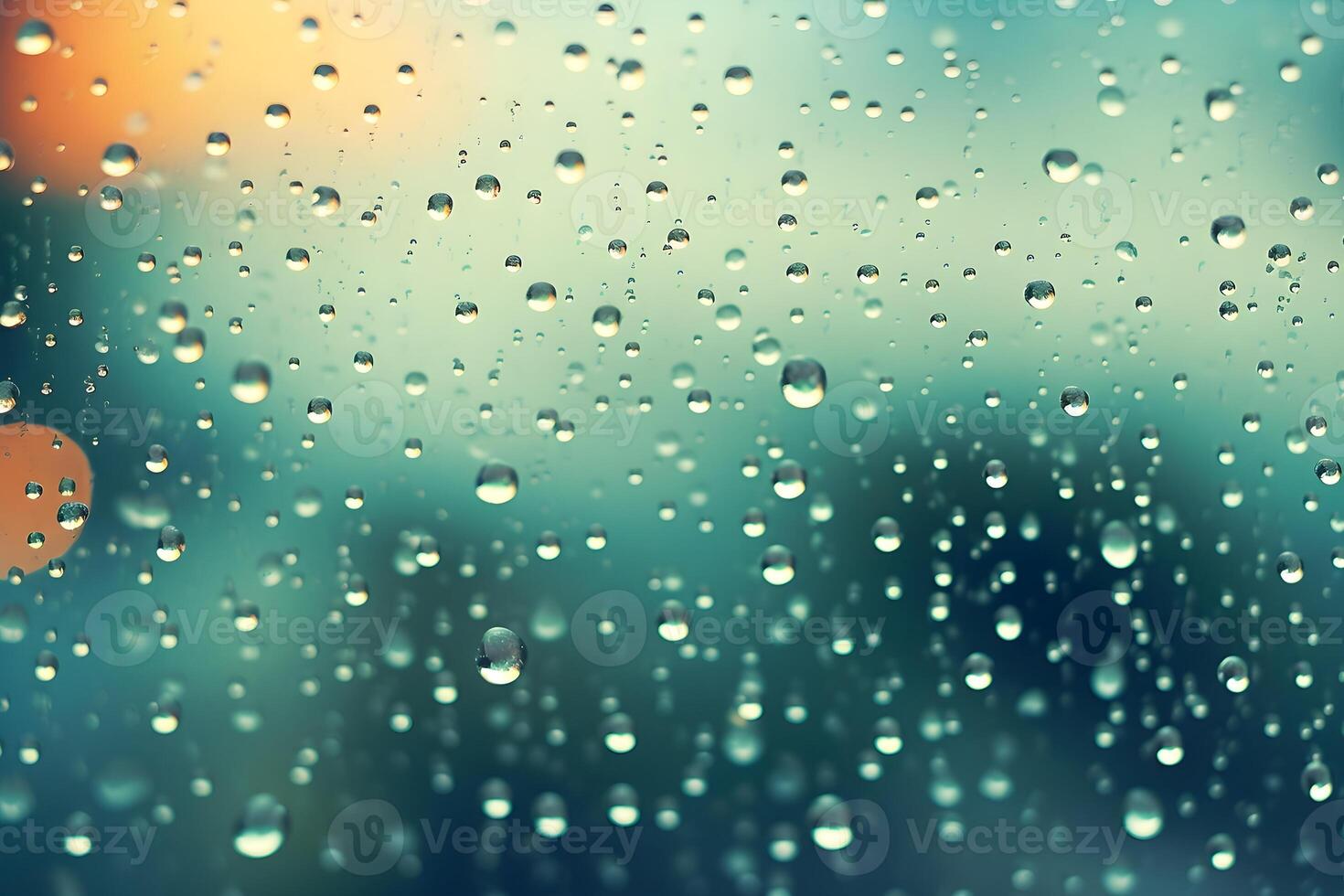AI generated Rain drops on window glass with bokeh background photo