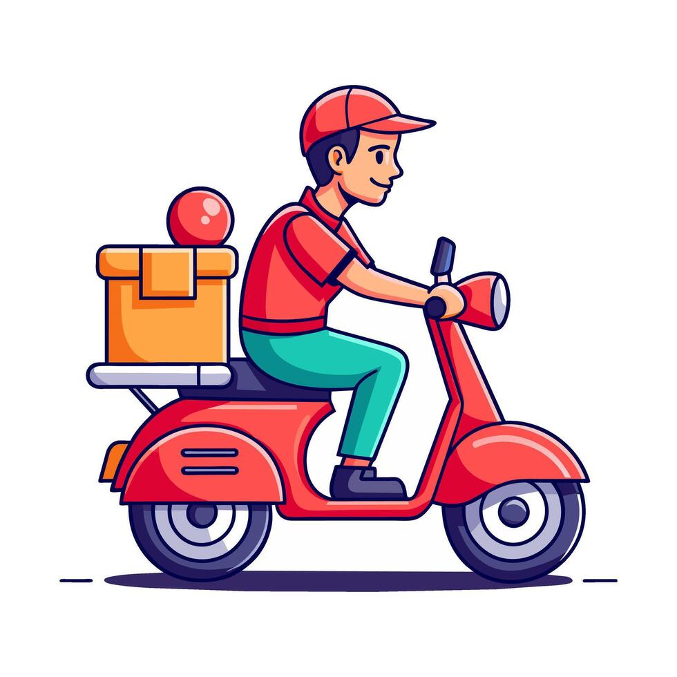 A cartoon vector depiction of a delivery person on a scooter carrying boxes