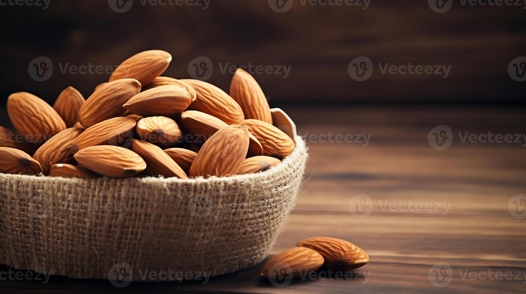 AI generated Almond nuts in wooden bowl on wooden background. Selective focus. photo