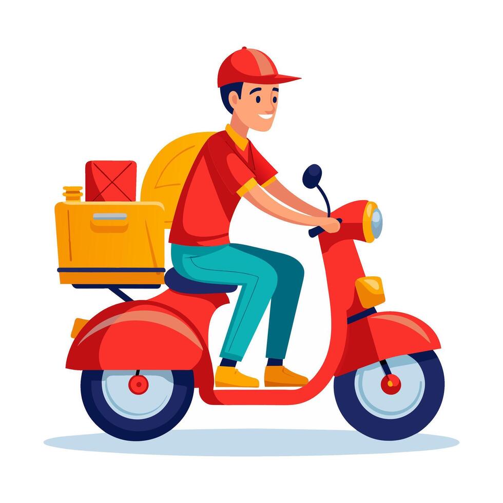 un andar en scooter entrega hombre con cajas en su atrás, retratado en un vector ilustración