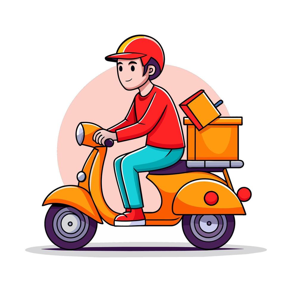 A Delivery man riding a scooter with boxes on the back, a cartoon style vector illustration