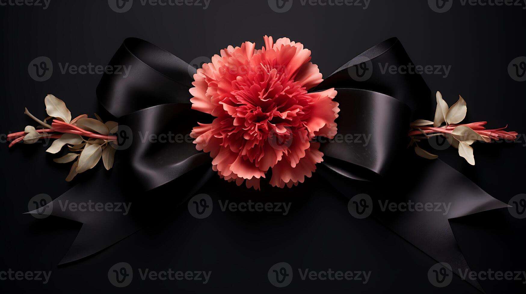 AI generated Black ribbon and red carnations on black background. photo