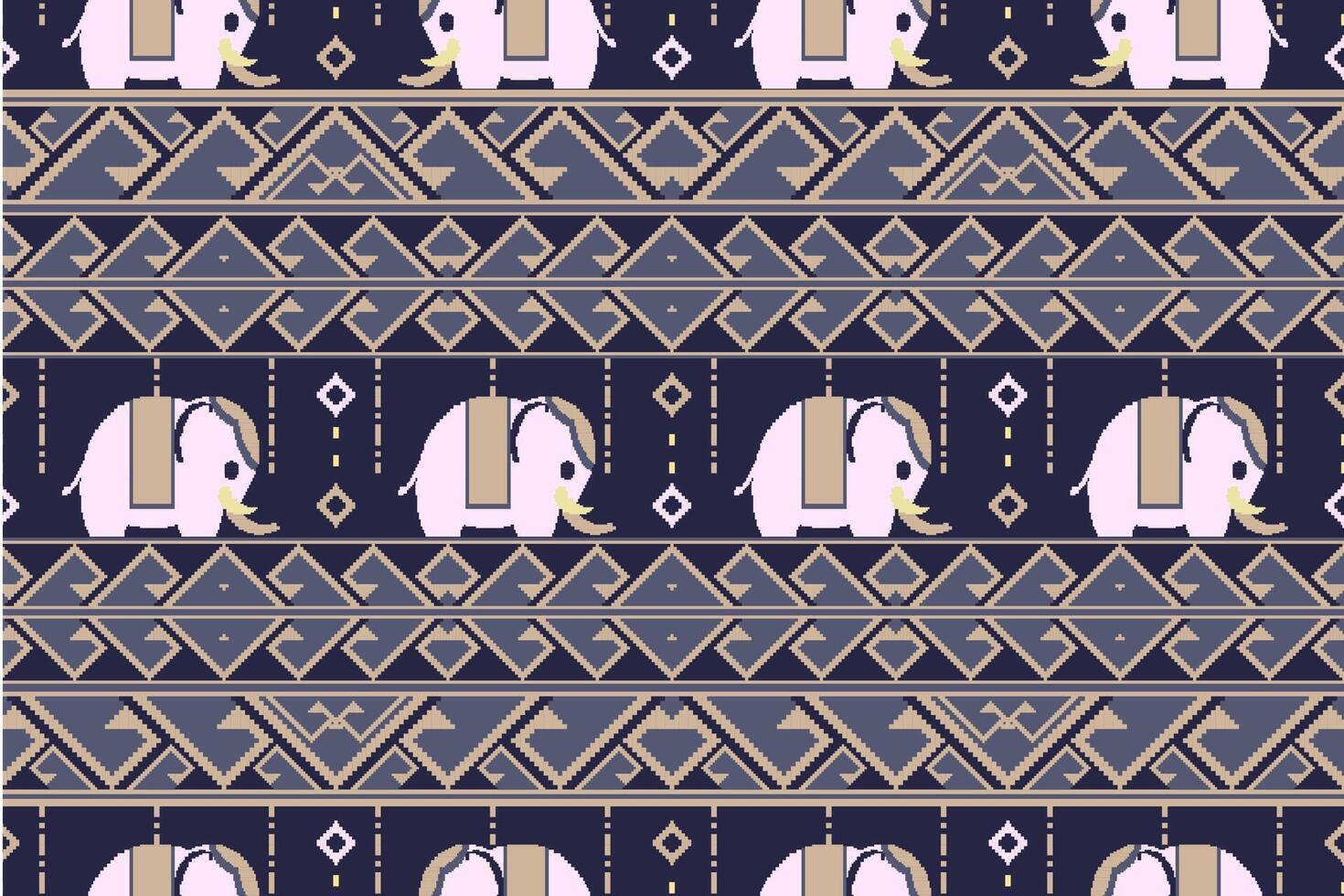 Ethnic Cute Thai Elephant Seamless Pattern.  Vector pixel art design for fabric, carpet, wrapping, clothing, wallpaper, and background