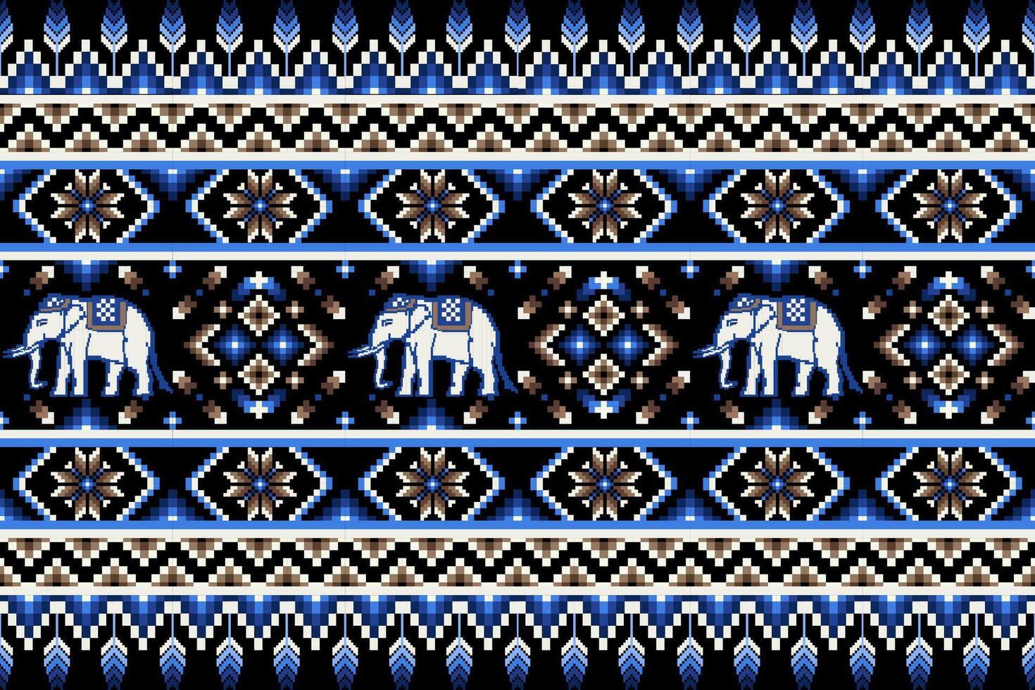 Ethnic Thai Elephant with Blue Tone Seamless Pattern on Black Background.  Pixel art vector design for fabric, carpet, tile, wrapping, embroidery, wallpaper, and background