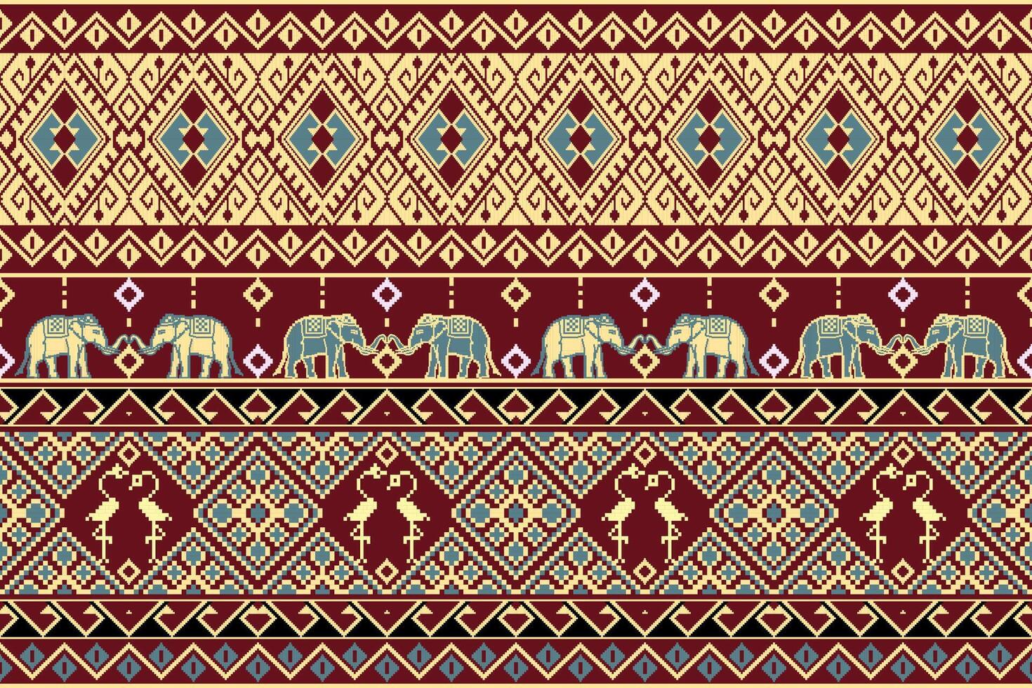 Traditional Thai Ethnic Seamless Pattern with Elephants and Birds.  Vector design for fabric, carpet, clothing, embroidery, wallpaper, and background