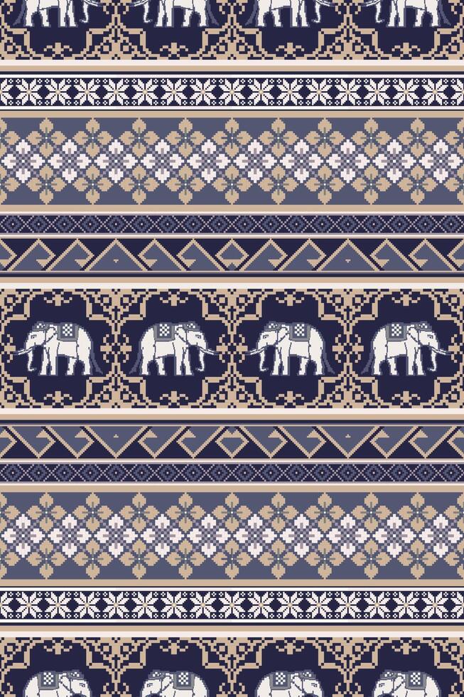 Traditional Ethnic Thai White Elephant with Floral Seamless Pattern.  Vector pixel art design for fabric, carpet, tile, embroidery, wrapping, wallpaper, and background