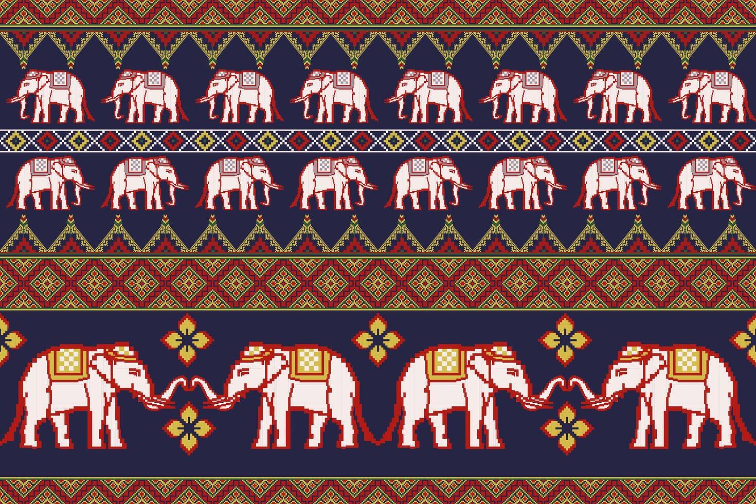 Traditional Thai Elephant Pixel Art Colorful Seamless Pattern.  Design for fabric, tile, embroidery, carpet, wrapping, wallpaper, and background vector