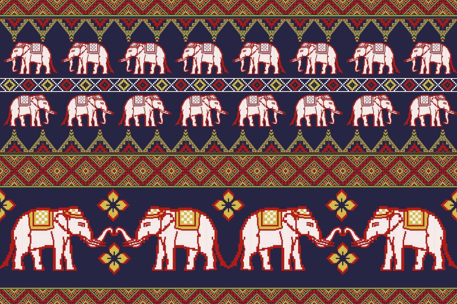 tradicional tailandés elefante píxel Arte vistoso sin costura modelo. diseño para tela, teja, bordado, alfombra, envase, fondo de pantalla, y antecedentes vector