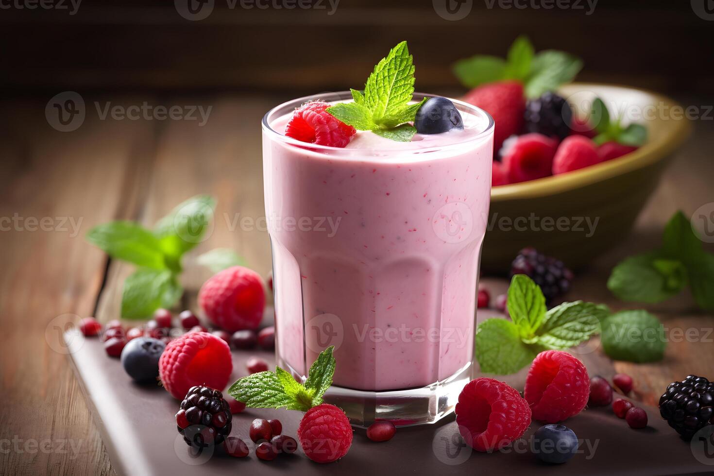 AI generated Healthy berry smoothie in a glass photo