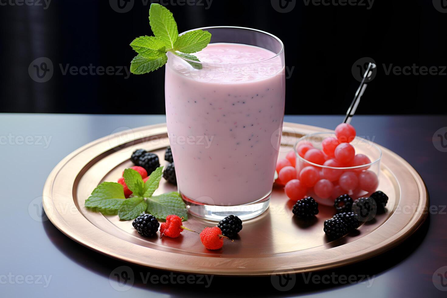 AI generated Fruit yogurt smoothie with fresh berries in a glass photo