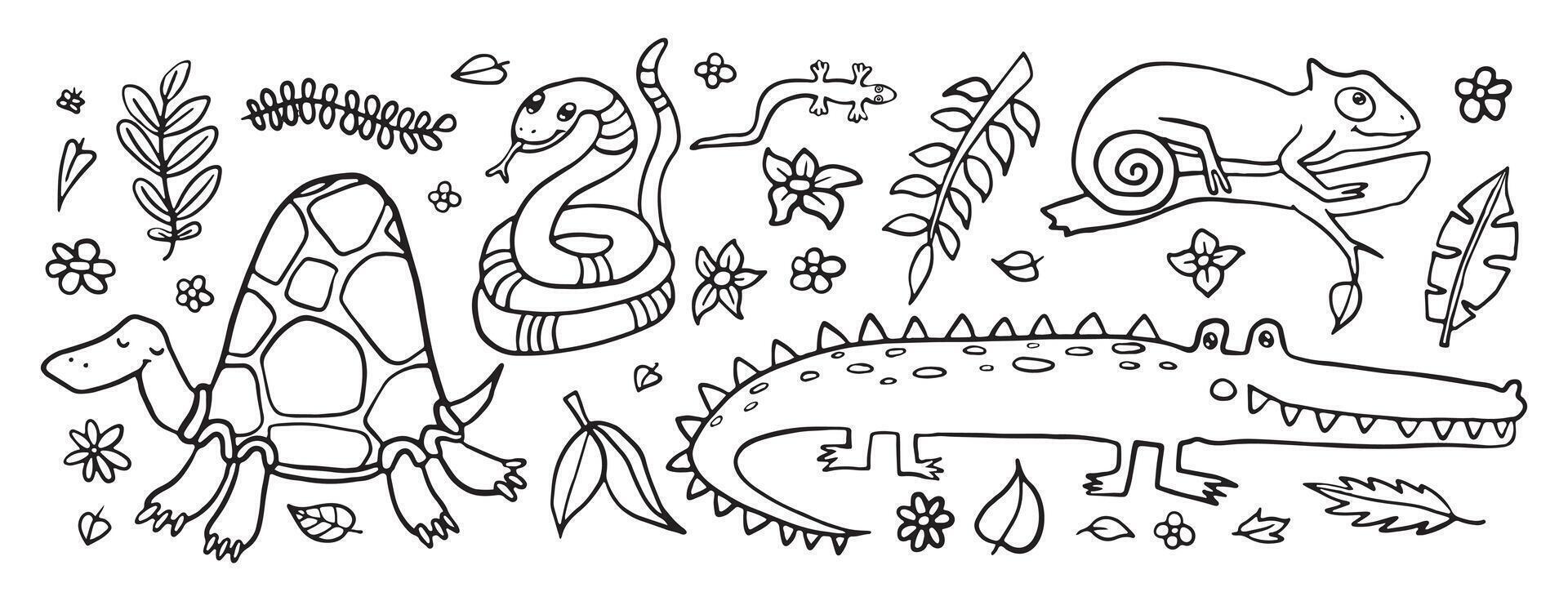 un juguetón negro y blanco línea Arte ilustración presentando un tortuga, serpiente, geco, caracol, y cocodrilo en medio de selva flora. vector