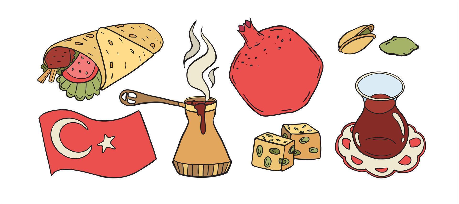 Illustration of Turkish delights kebab wrap, pomegranate, pistachios, Turkish tea, lokum, and flag, representing Turkey's rich culinary tradition vector