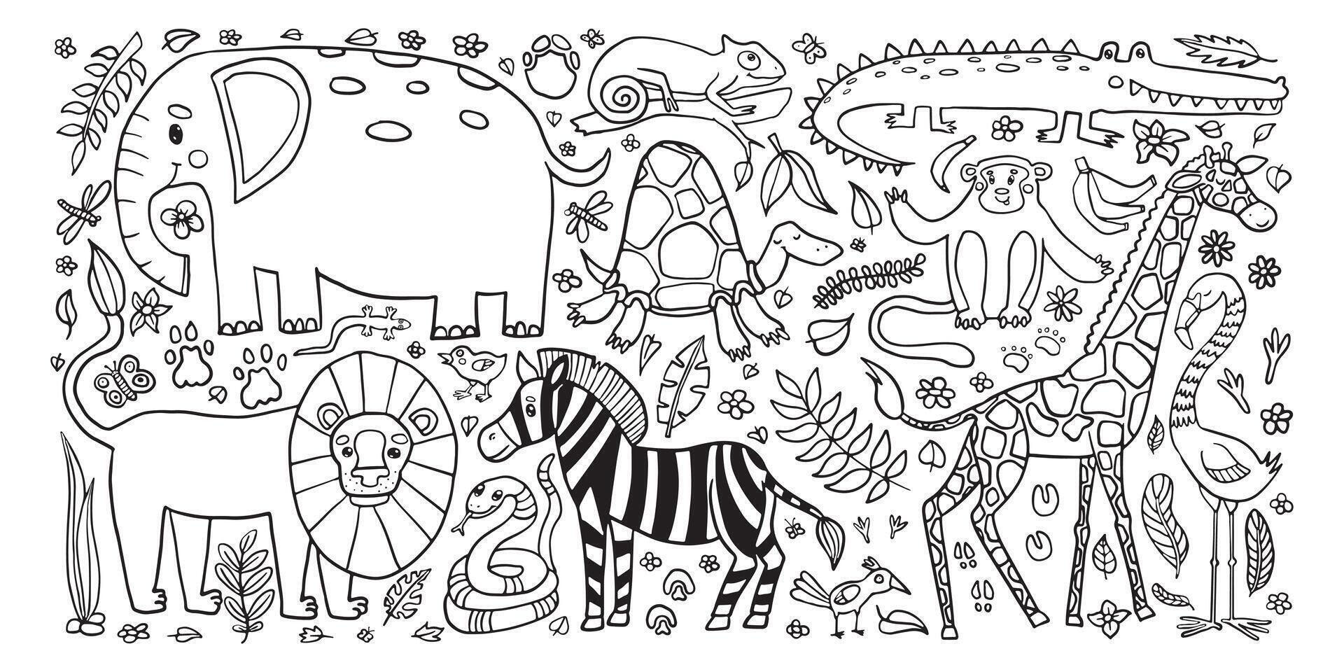 A playful jungle set coloring page featuring a variety of animals like elephant, lion, giraffe, and more, surrounded by flora and fauna, perfect for children educational activities. vector