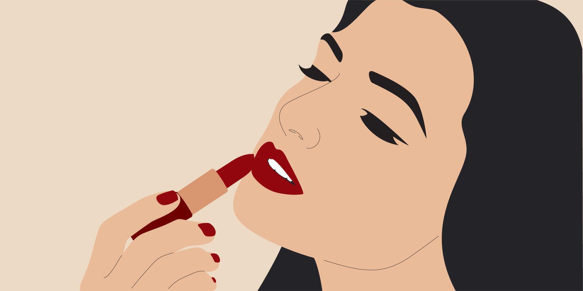 un mujer es poniendo lápiz labial en su labios vector