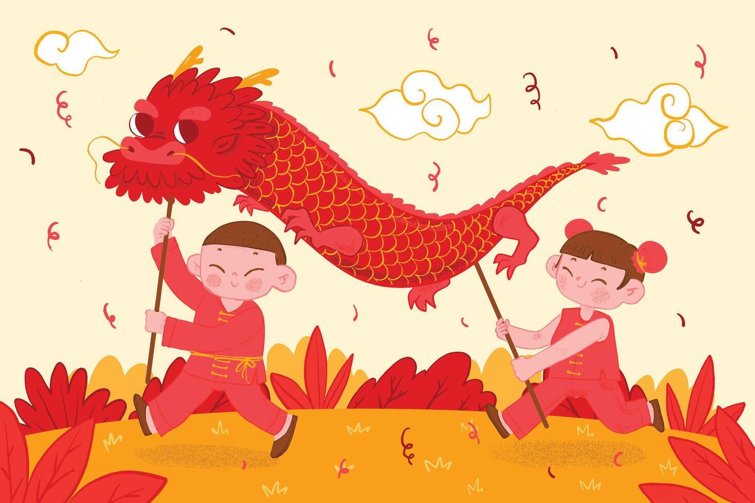 Hand Drawn Illustration Vector Kids Celebrate Year of the Dragon