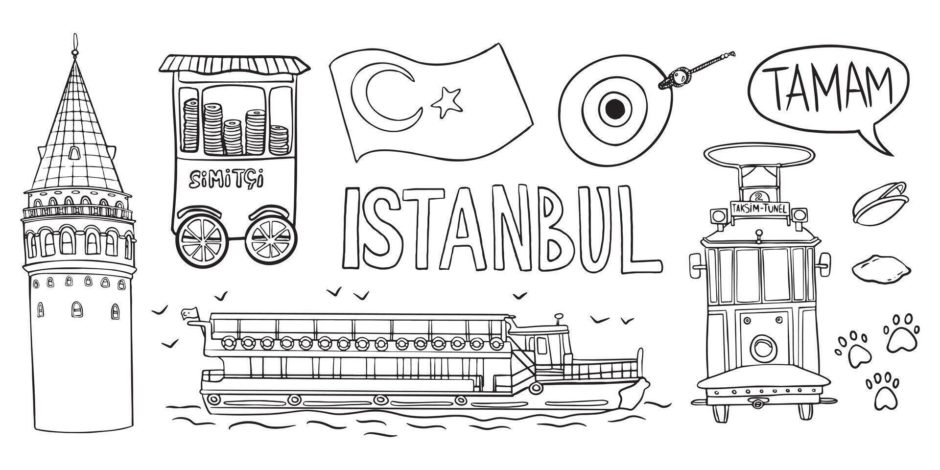Line drawing of iconic Istanbul symbols Galata Tower, tram, ferry, Turkish flag, simit cart, and Tamam speech bubble. vector