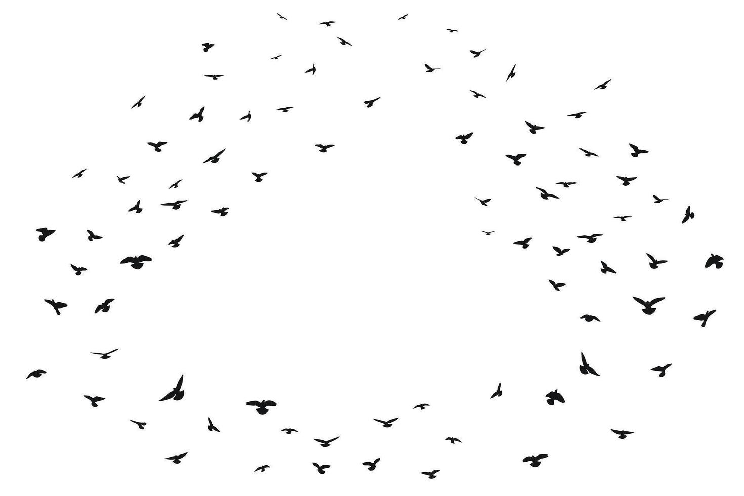 Sketch silhouette of a flock of flying black birds. Doves, pigeons, raven, crow, gull, seagull, sparrow, isolated vector