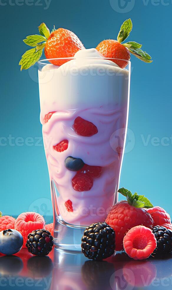 ai generado delicioso yogur con Fresco bayas en un vaso foto