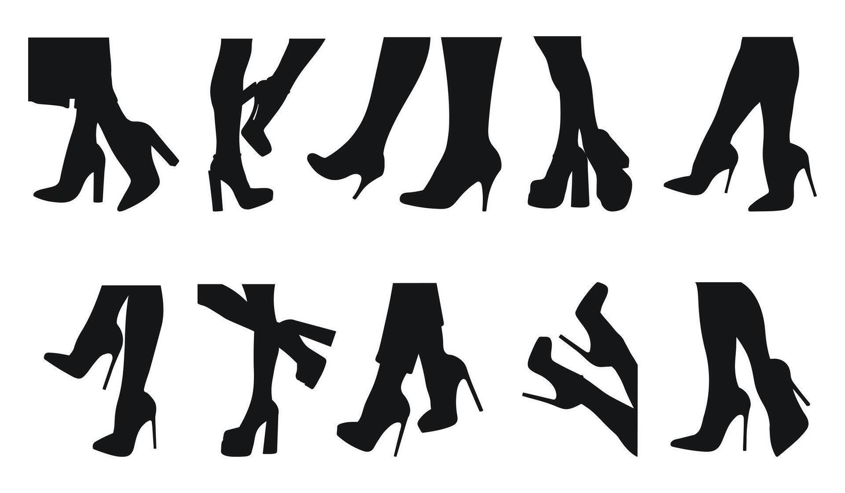 Set black silhouette of female legs in a pose. Shoes stilettos, high heels. Walking, standing, running, jumping, dance vector