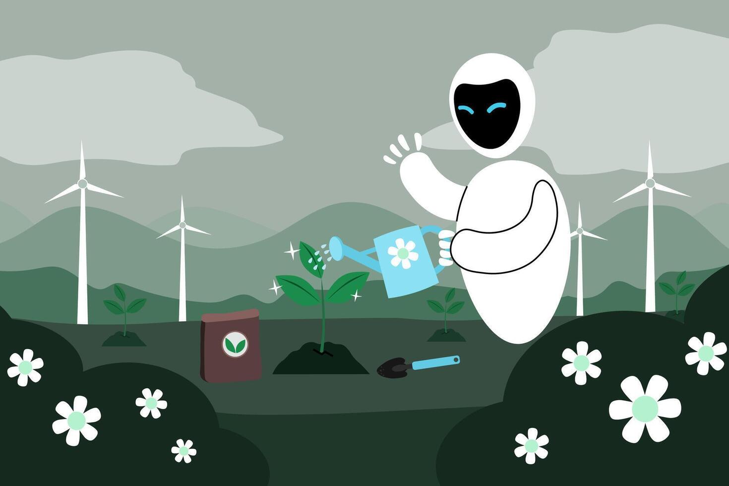 Robot planting tree in eco friendly environment concept Pro Vector