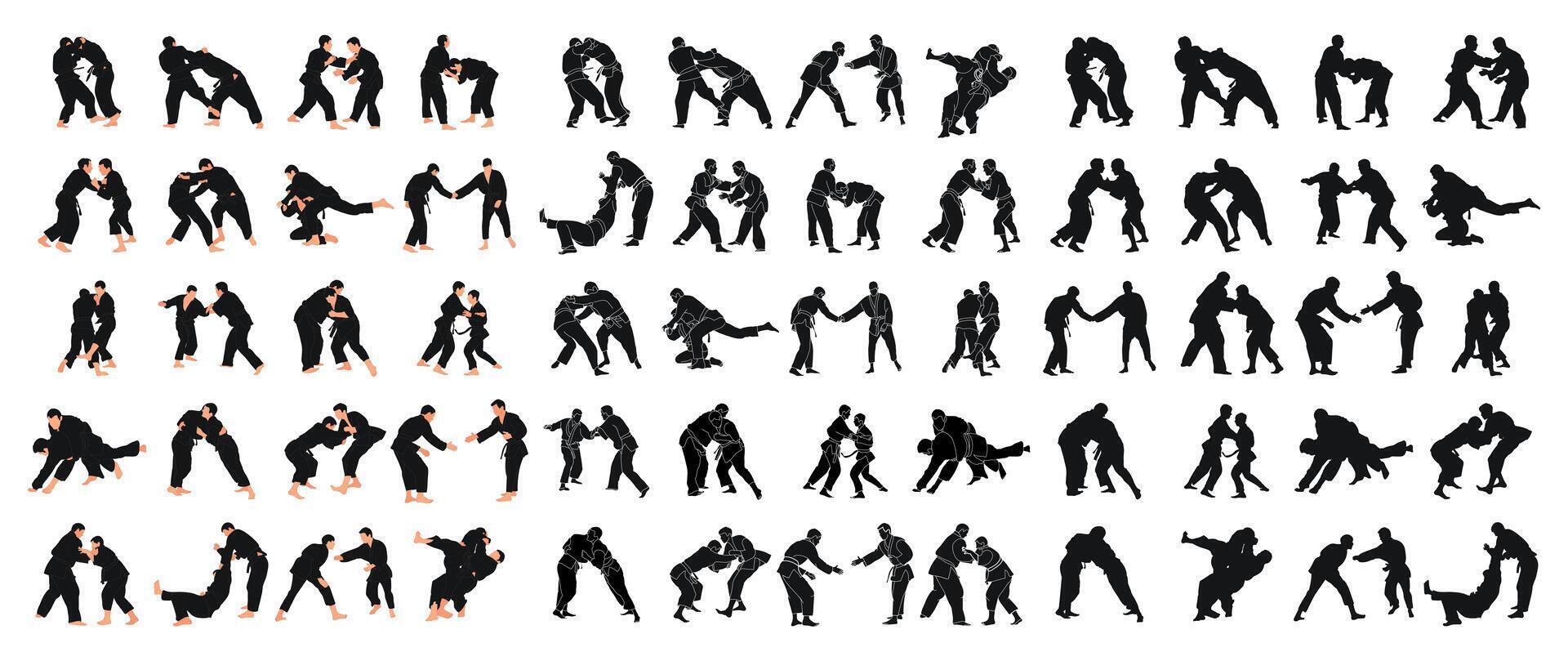 Silhouettes of 60 sports couples judoka fighter. Judoist, judoka, athlete, duel, fight, judo, isolated vector