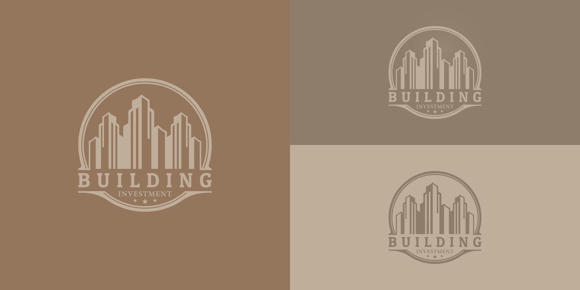 Simple vintage building, retro real estate label design, rustic hipster city skyline stamp logo presented with multiple background colors. The logo is suitable for a Real Estate logo design template vector