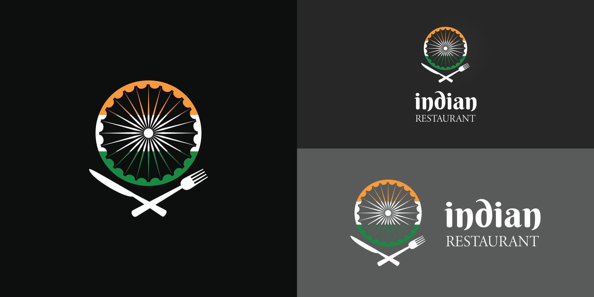 Abstract wheel logo with an ornament of the India Flag presented with multiple black background colors. The logo is suitable for Indian restaurant business logo design inspiration template vector