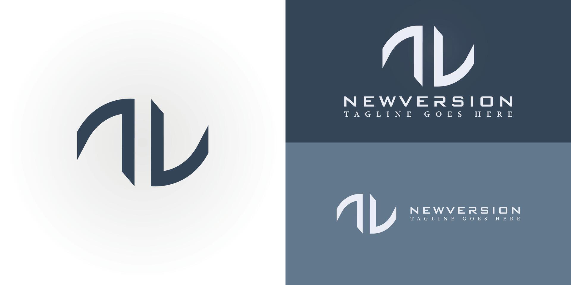 Abstract initial letter NV or VN logo in white color presented with multiple white and blue background colors. The logo is suitable for business technology company logo design inspiration template vector