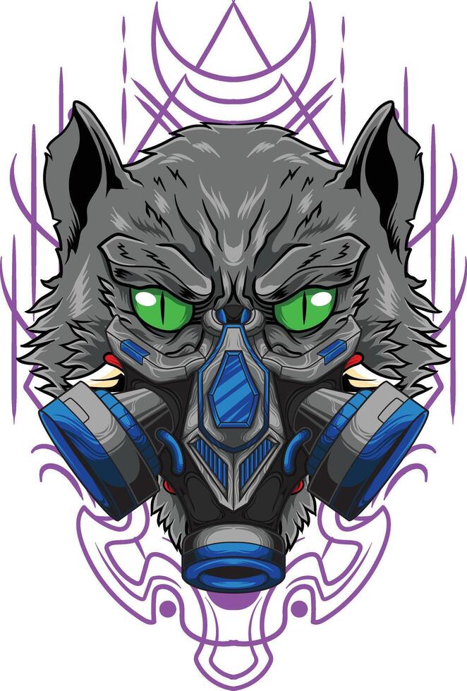 vector illustration of cat wearing gas mask