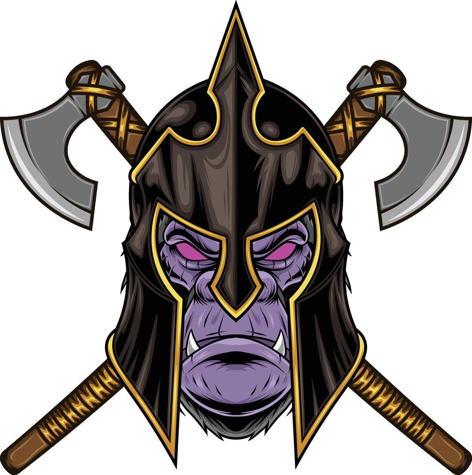 vector illustration of gorilla with knight helmet and weapon