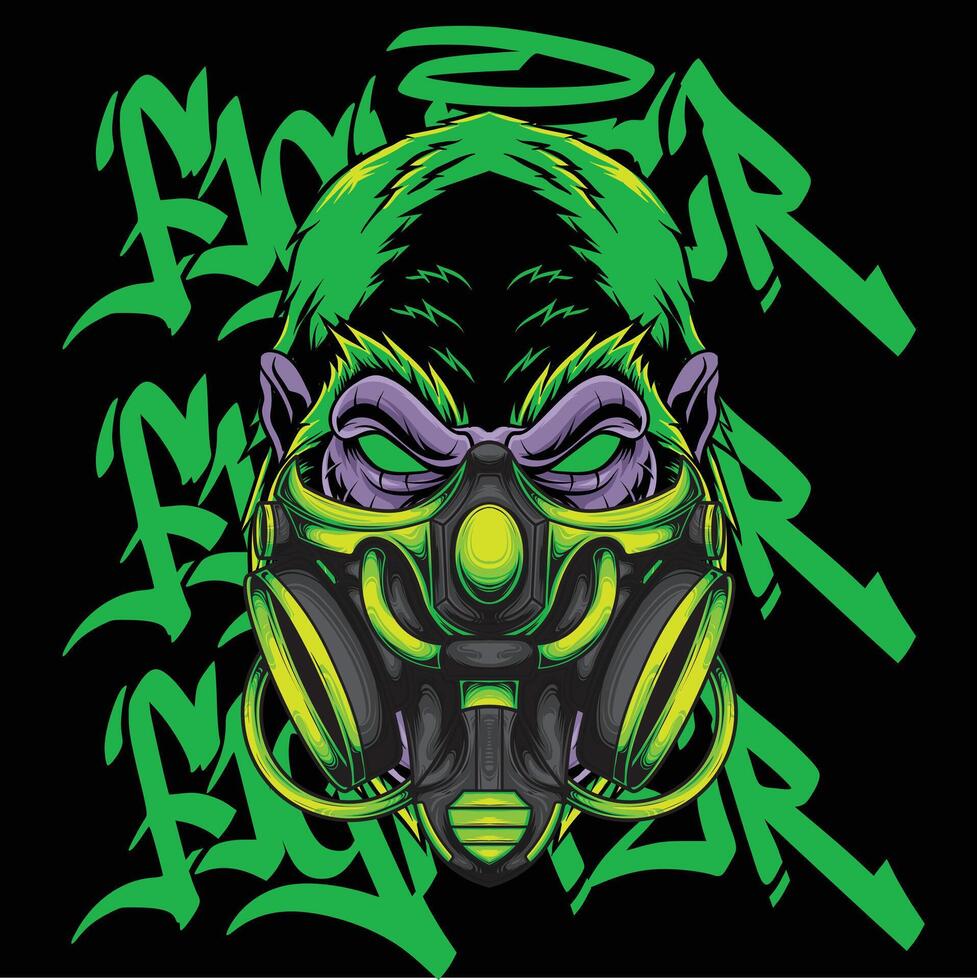 Vector illustration of gorilla wearing gas mask