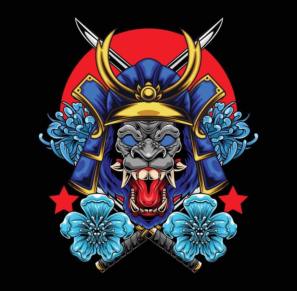 Vector illustration of gorilla head with samurai helmet