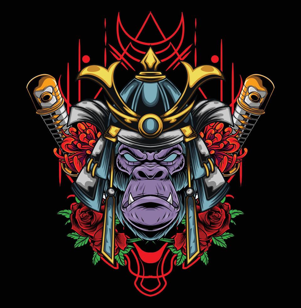 Vector illustration of gorilla head with samurai helmet