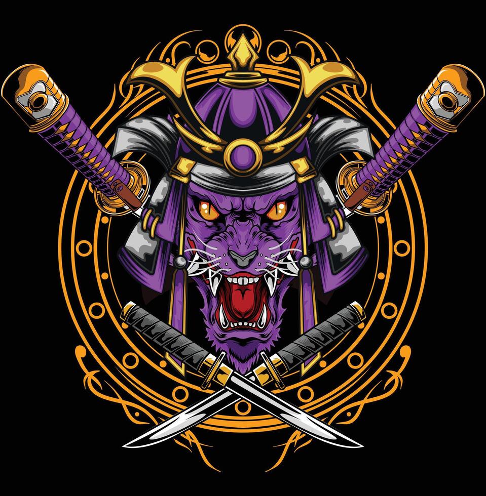 Vector illustration of japanese wolf with samurai helmet
