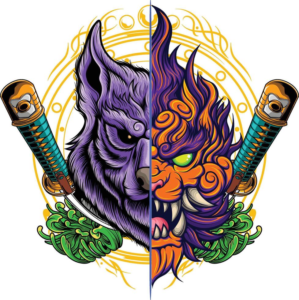 Vector illustration of japanese wolf with samurai helmet