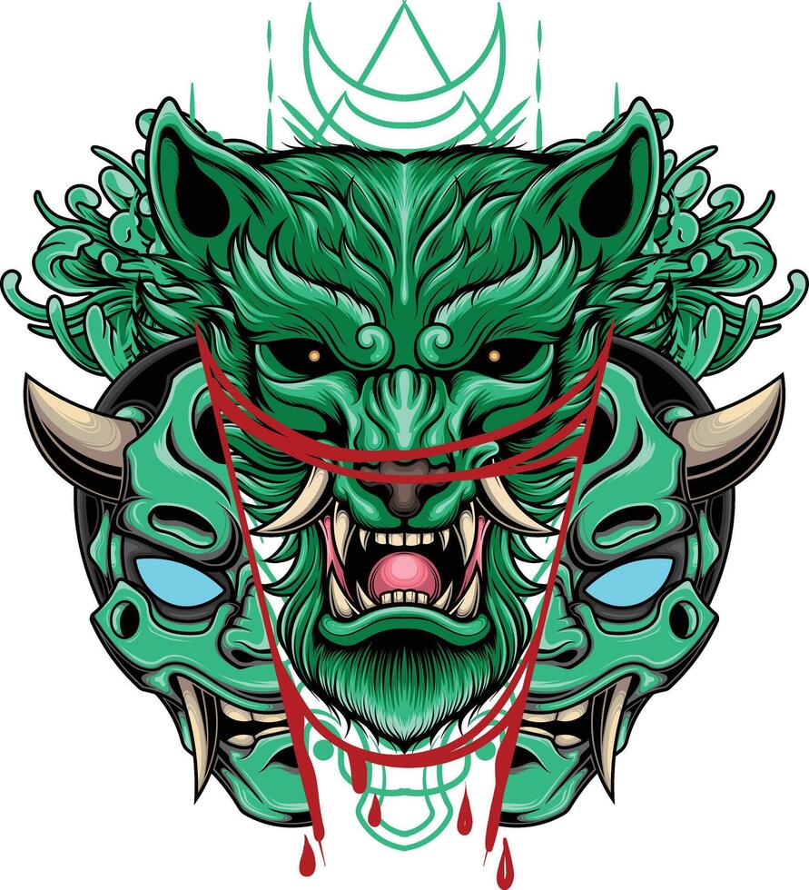 Vector illustration of japanese wolf with samurai helmet