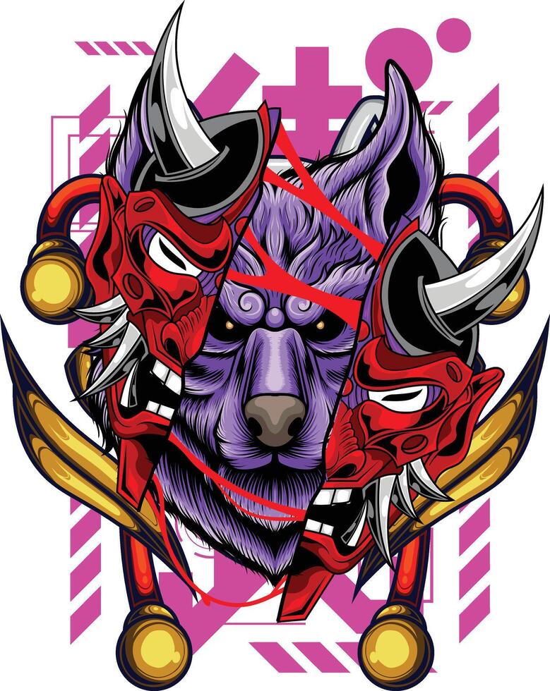 Vector illustration of japanese wolf with samurai helmet