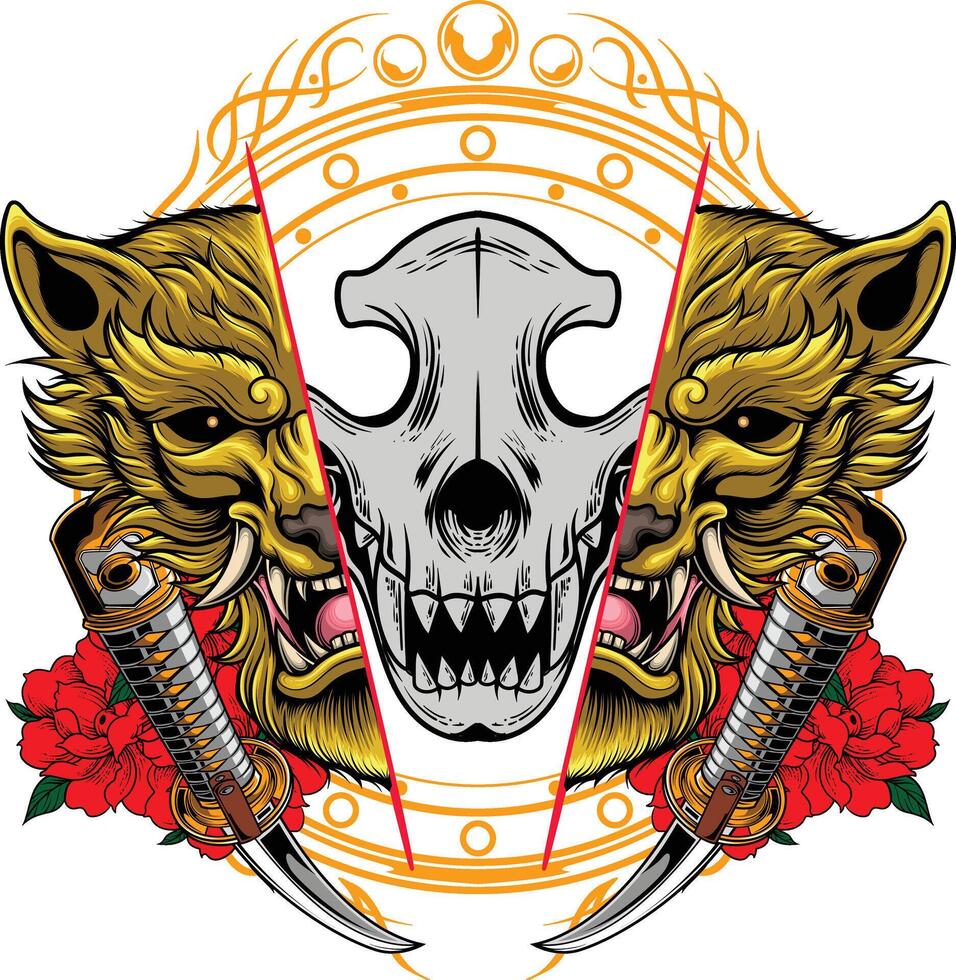 Vector illustration of japanese wolf with samurai helmet