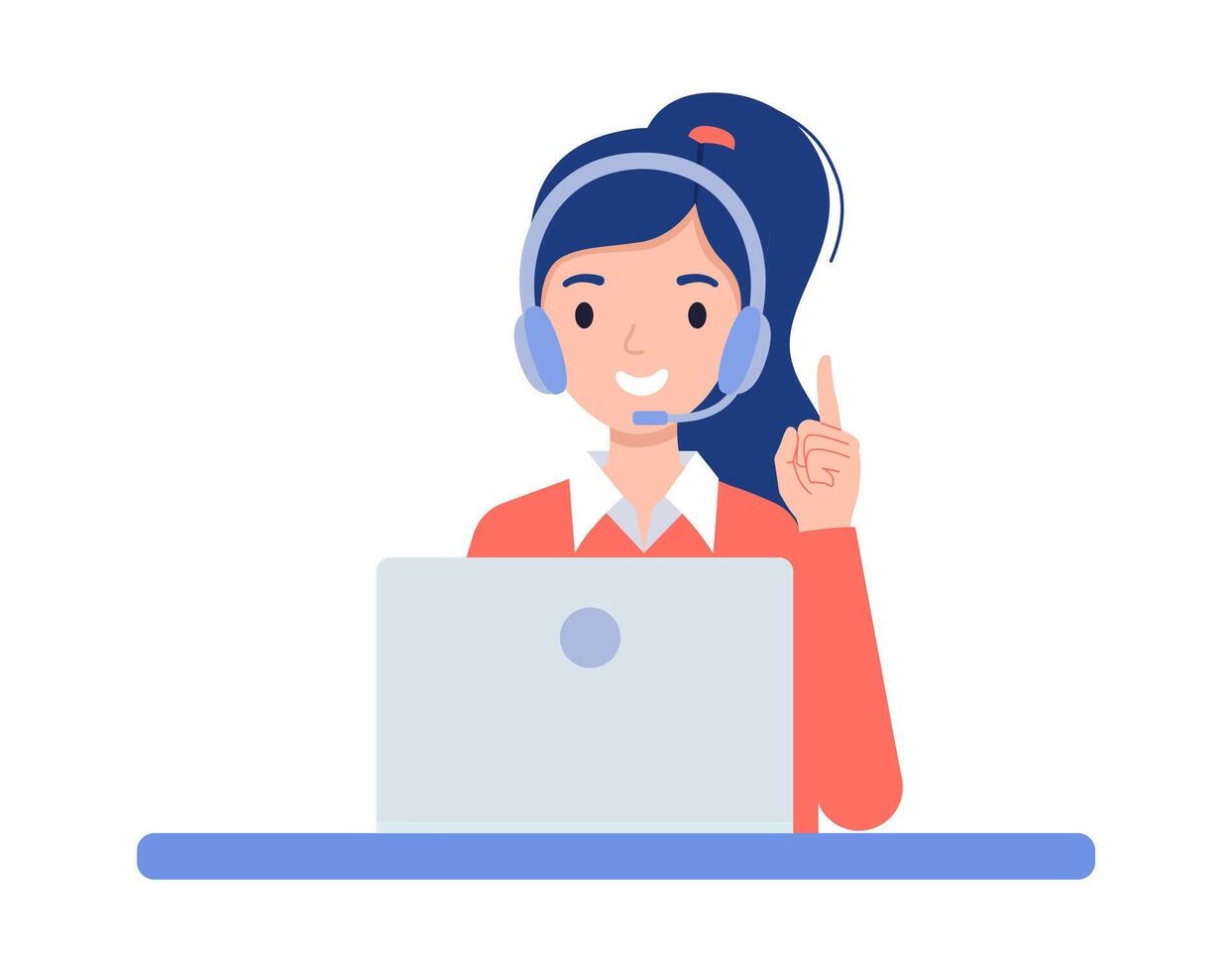 The operator girl with headphones and a laptop is talking on the phone. Technical support for customers 24-7, telephone hotline for business. Vector illustration in flat style.