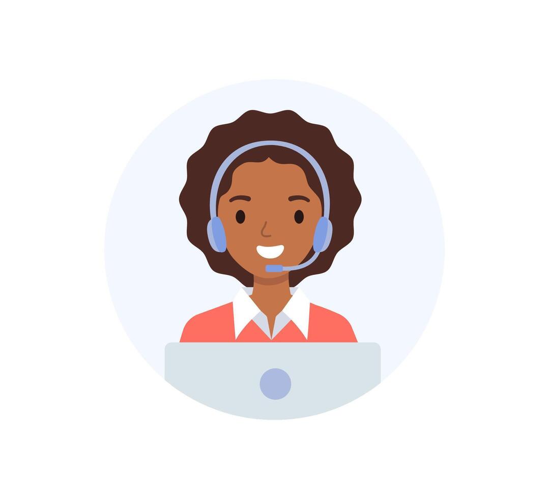 avatar de el llamada centrar operador. africano americano niña vistiendo en auriculares, el concepto de en línea cliente apoyo. vector ilustración en plano estilo.