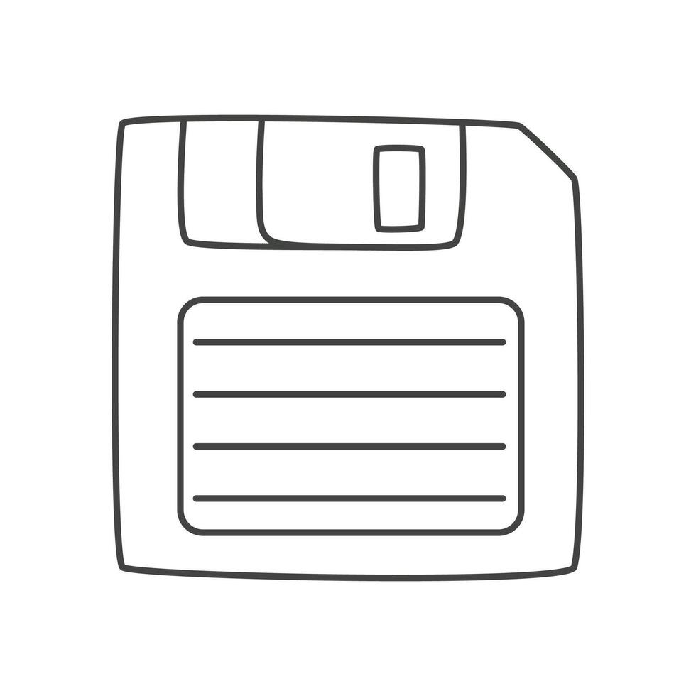 Floppy Disk icon in doodle style isolated on white background. HD diskette old data media. Contour vector illustration.