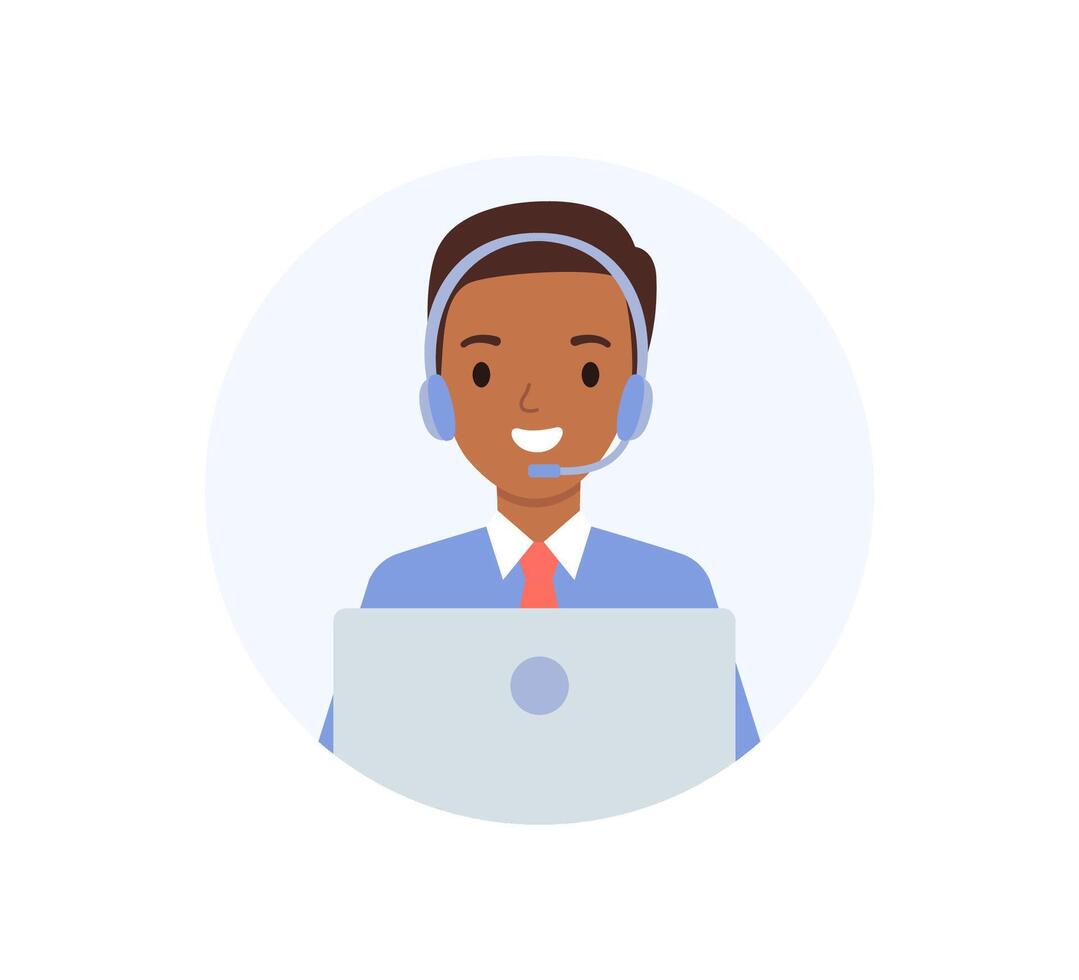 avatar de el llamada centrar operador. africano americano joven hombre vistiendo en auriculares, el concepto de en línea cliente apoyo. vector ilustración en plano estilo.