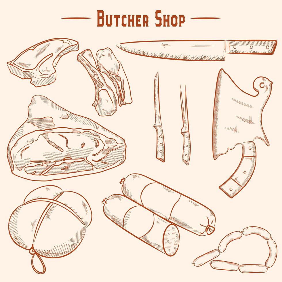 carne herramientas, carne y salchichas ilustración, dibujo, grabando, tinta línea Arte vector
