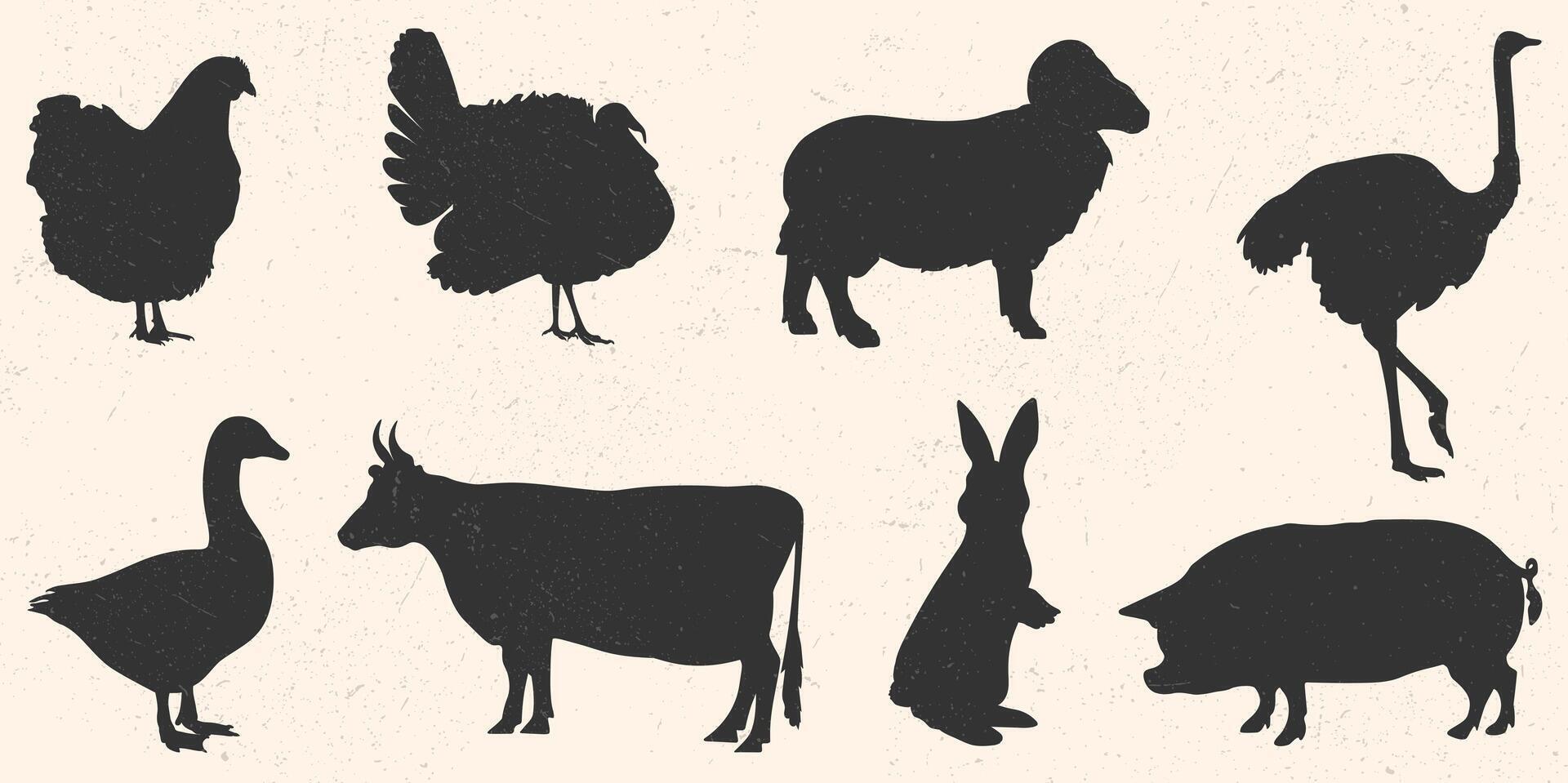 Icon for logo, illustration of farm animals and birds. Silhouette of rabbit, cow, ram, pig, ostrich, turkey, chicken and goose. Vector EPS 10 with grunge texture